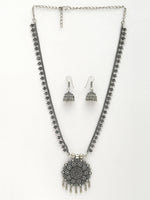 Thumbnail for NVR Women's Silver-Toned Floral Shape Oxidized Necklace with Jhumka Earrings - Distacart