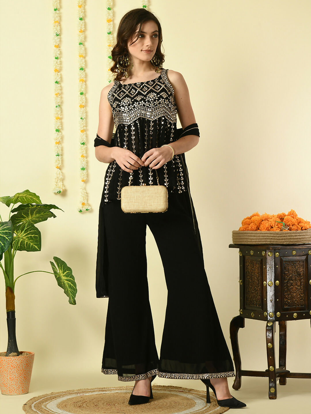 Myshka Women's Black Georgette Top & Palazzos With Dupatta Party Sets - Distacart