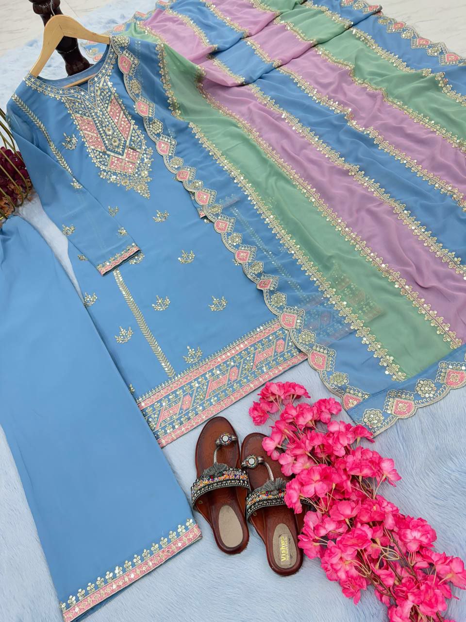 Prazu Fashion Sky Blue Faux Georgette Embroidered Palazzo Suit