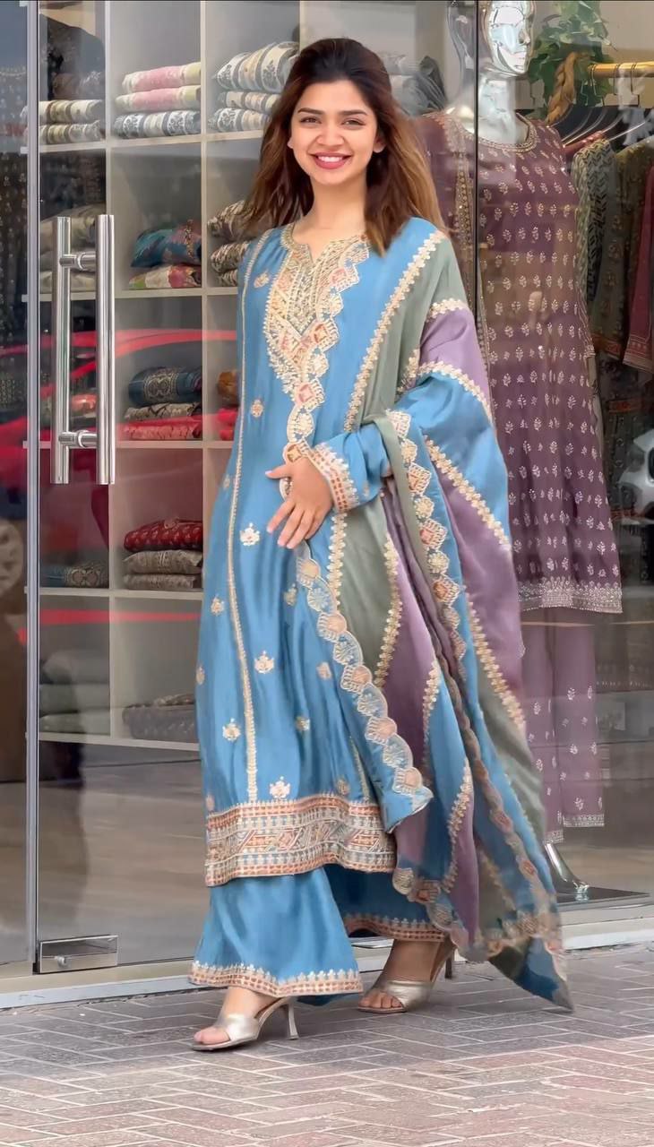 Prazu Fashion Sky Blue Faux Georgette Embroidered Palazzo Suit