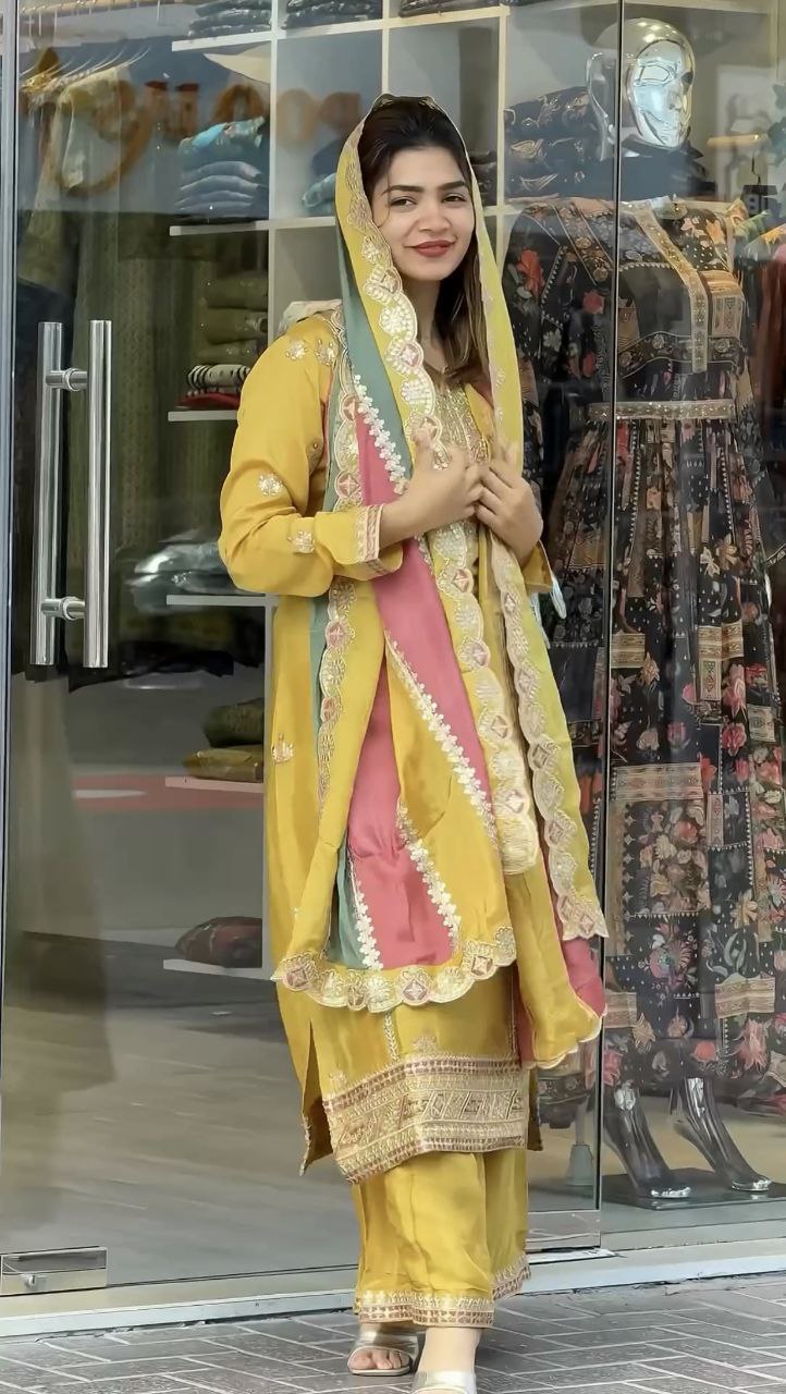 Prazu Fashion Yellow Faux Georgette Embroidered Palazzo Suit