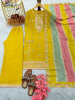 Thumbnail for Prazu Fashion Yellow Faux Georgette Embroidered Palazzo Suit