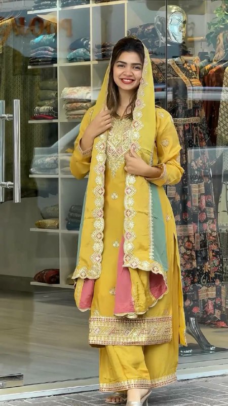 Prazu Fashion Yellow Faux Georgette Embroidered Palazzo Suit