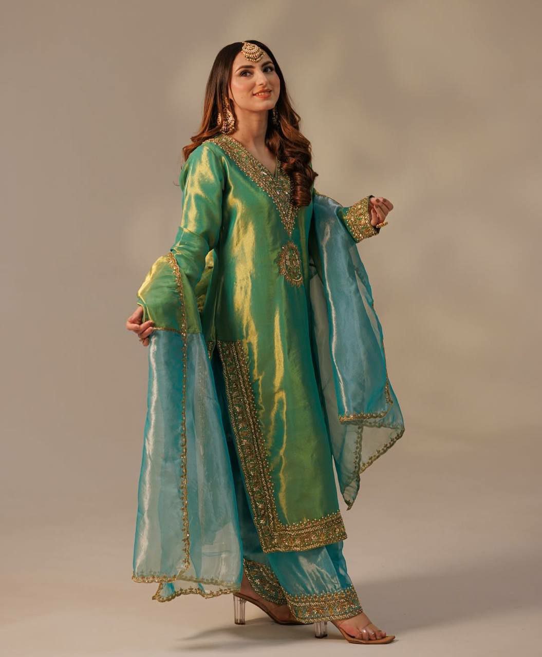Prazu Fashion Lime Green Organza Embroidered Palazzo Suit