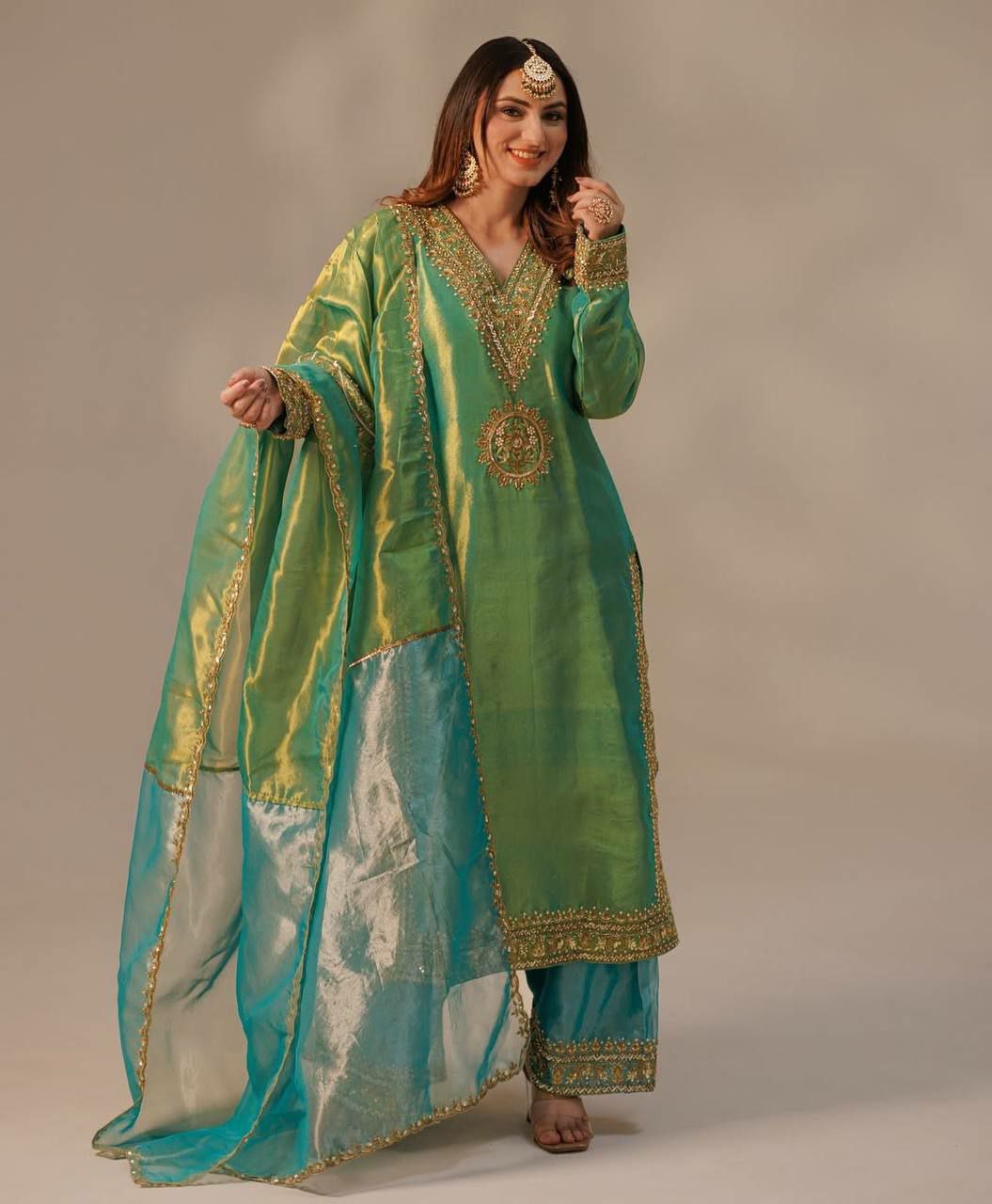 Prazu Fashion Lime Green Organza Embroidered Palazzo Suit