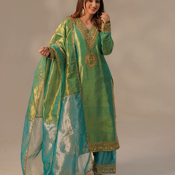 Prazu Fashion Lime Green Organza Embroidered Palazzo Suit - Distacart