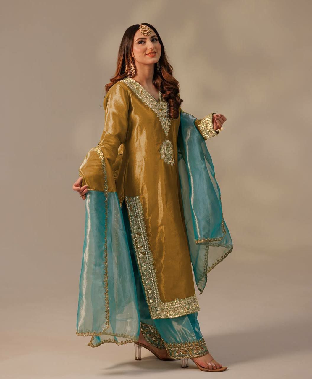 Prazu Fashion Mustard Organza Embroidered Palazzo Suit