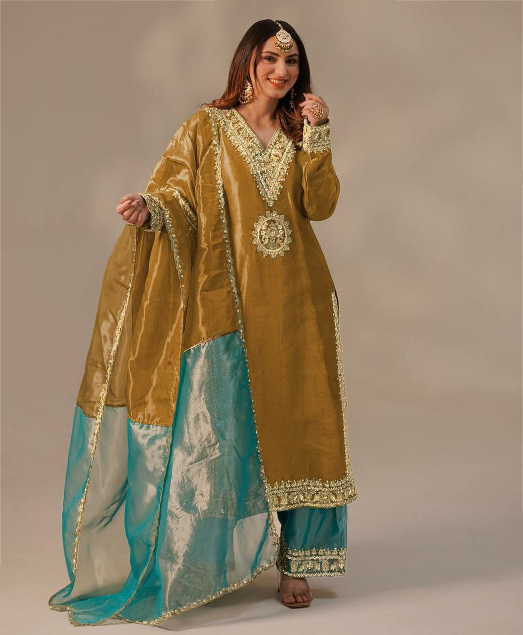 Prazu Fashion Mustard Organza Embroidered Palazzo Suit