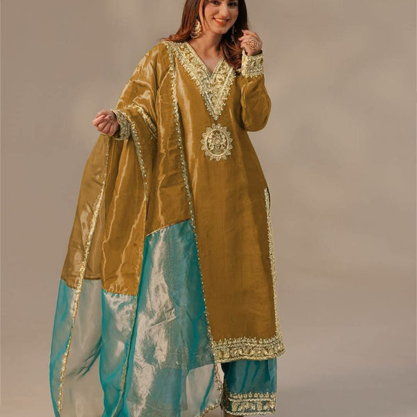 Prazu Fashion Mustard Organza Embroidered Palazzo Suit - Distacart