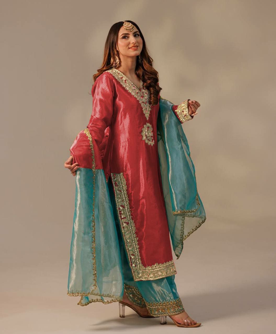 Prazu Fashion Red Organza Embroidered Plazzo Suit