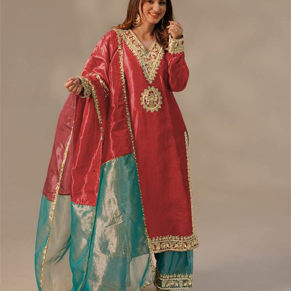 Prazu Fashion Red Organza Embroidered Plazzo Suit - Distacart