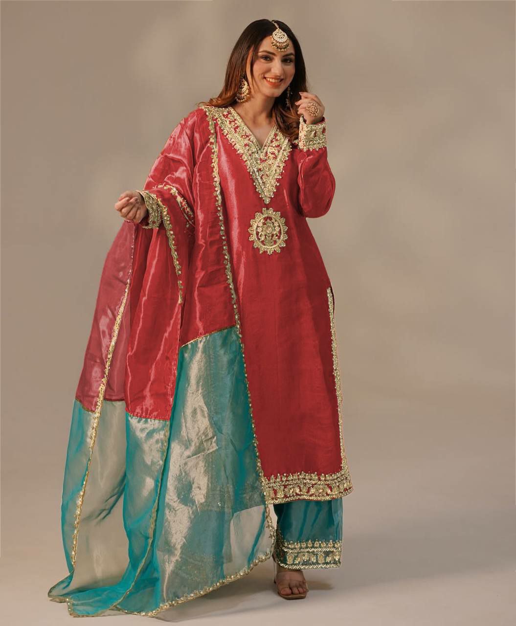 Prazu Fashion Red Organza Embroidered Plazzo Suit