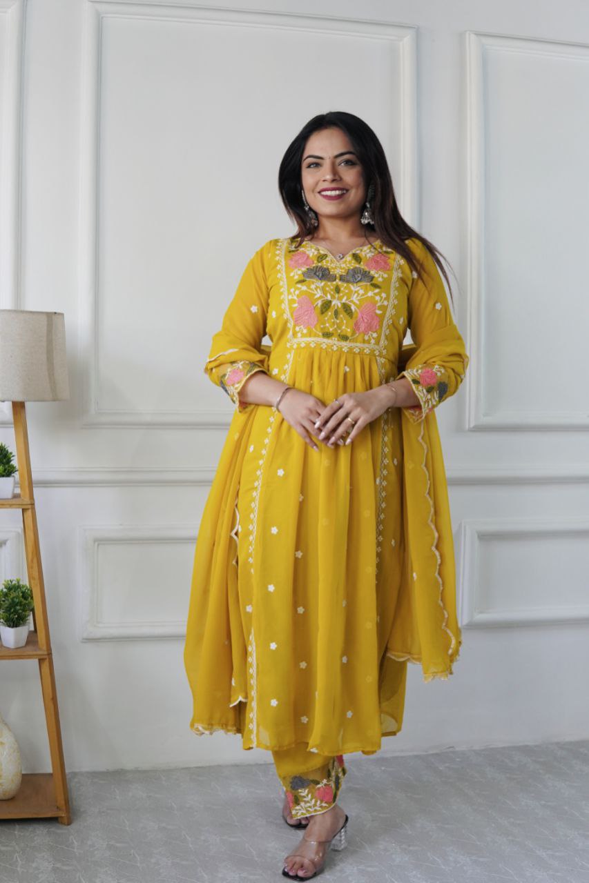 Prazu Fashion Yellow Georgette Embroidered Salwar Suit