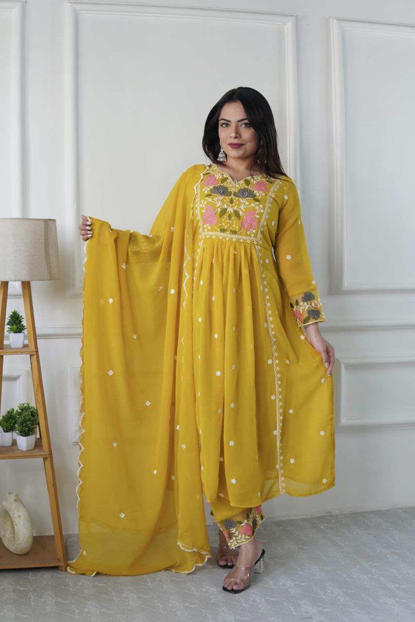 Prazu Fashion Yellow Georgette Embroidered Salwar Suit