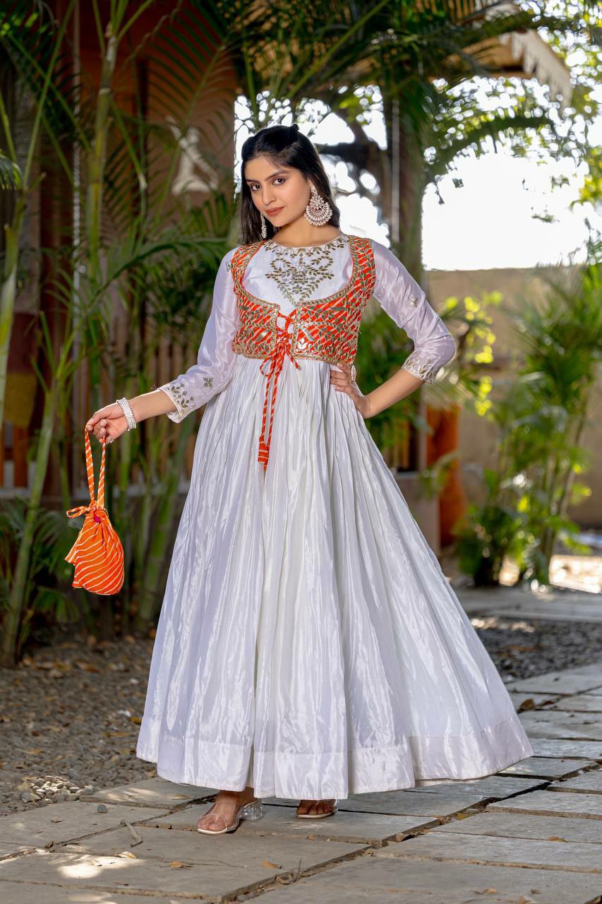 Prazu Fashion Off White Chinon Silk Laheriya Print Gown(Jacket Nd Hand Purse) - Distacart