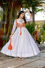 Thumbnail for Prazu Fashion Off White Chinon Silk Laheriya Print Gown(Jacket Nd Hand Purse)