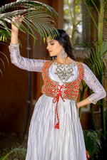Thumbnail for Prazu Fashion Off White Chinon Silk Laheriya Print Gown(Jacket Nd Hand Purse)