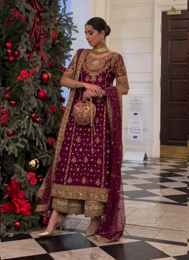 Prazu Fashion Wine Georgette Embroidered Salwar Suit - Distacart