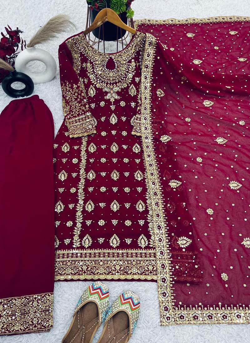 Prazu Fashion Wine Georgette Embroidered Salwar Suit