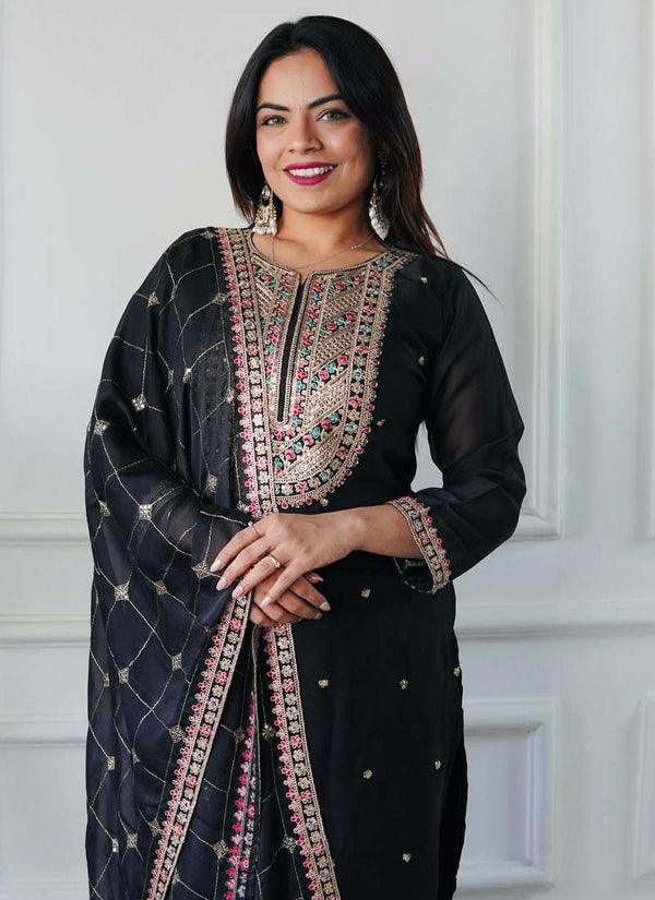 Prazu Fashion Designer Black Silk Embroidered Salwar Suit