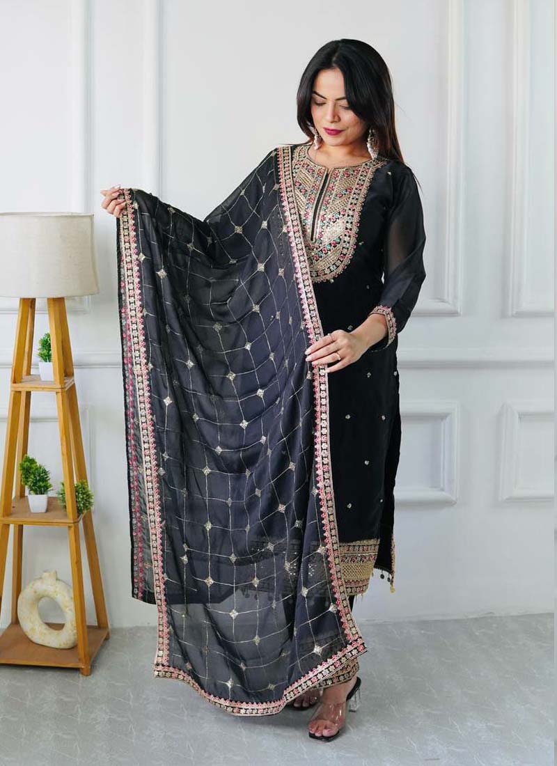 Prazu Fashion Designer Black Silk Embroidered Salwar Suit
