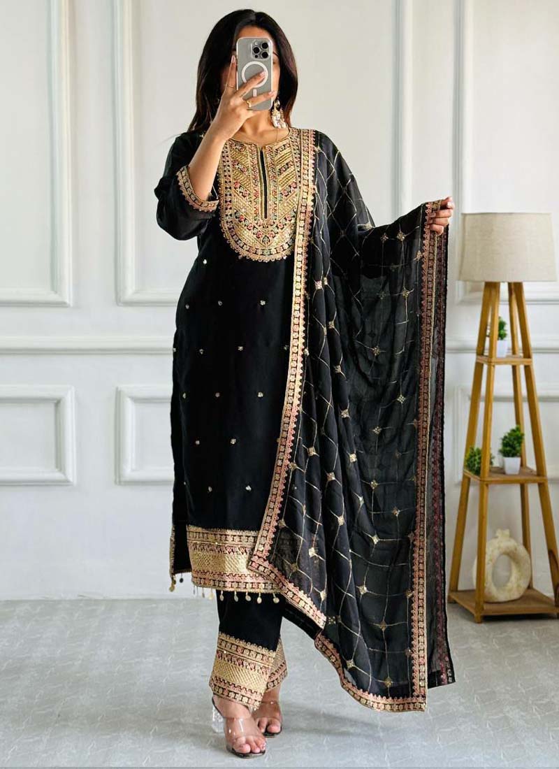 Prazu Fashion Designer Black Silk Embroidered Salwar Suit