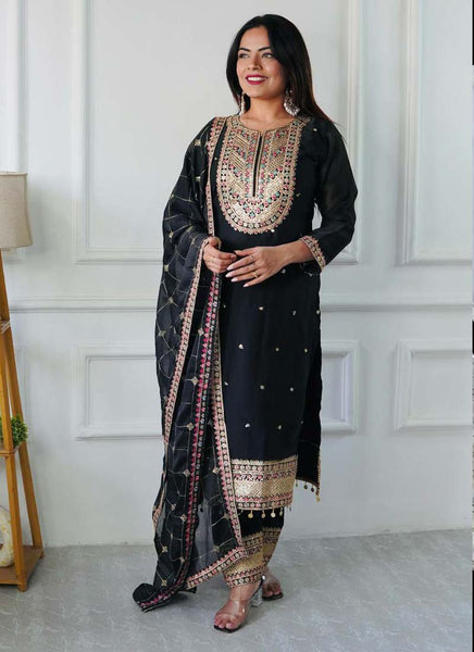 Prazu Fashion Designer Black Silk Embroidered Salwar Suit