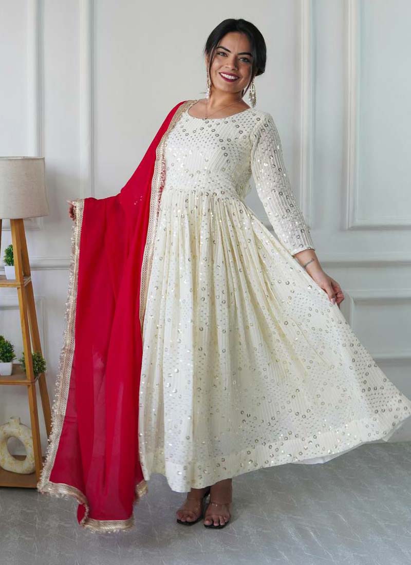 Prazu Fashion Off White Georgette Embroidered Anarkali Suit