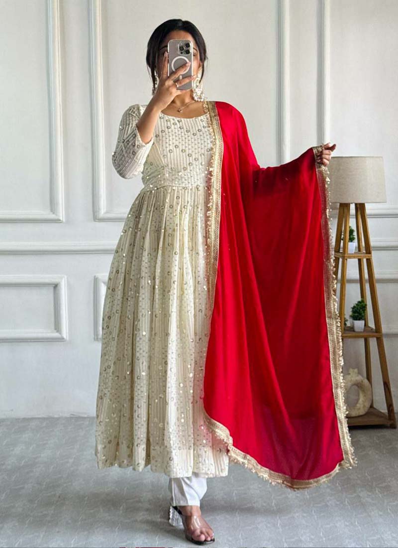 Prazu Fashion Off White Georgette Embroidered Anarkali Suit - Distacart