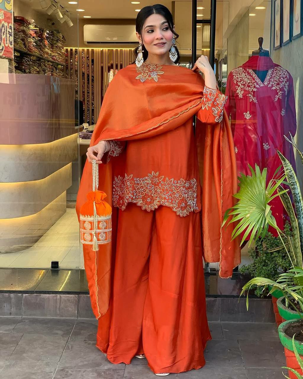 Prazu Fashion Designer Orange Georgette Embroidered Plazzo Suit