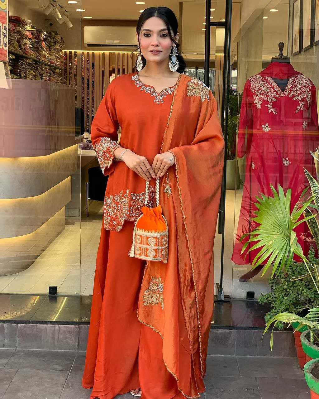 Prazu Fashion Designer Orange Georgette Embroidered Plazzo Suit