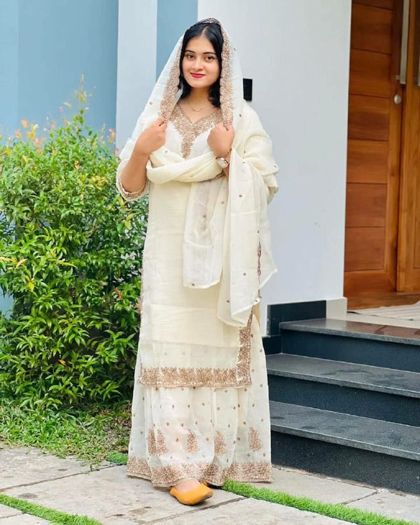 Prazu Fashion White Heavy Crunchy Silk Embroidered Palazzo Suit