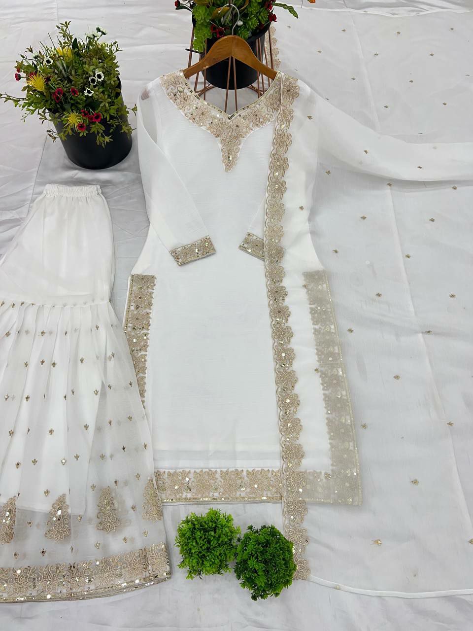 Prazu Fashion White Heavy Crunchy Silk Embroidered Palazzo Suit