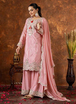 Thumbnail for Prazu Fashion Baby Pink Chinon Silk Embroidered Codding Work Palazzo Suit
