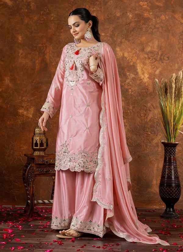Prazu Fashion Baby Pink Chinon Silk Embroidered Codding Work Palazzo Suit
