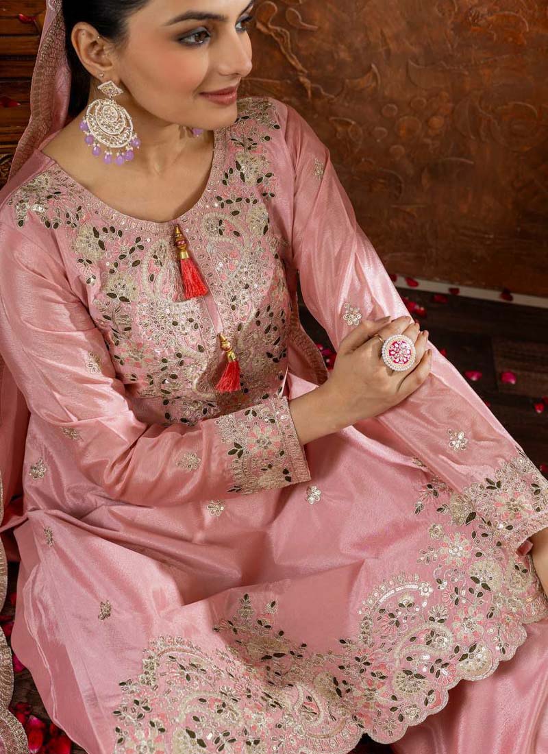 Prazu Fashion Baby Pink Chinon Silk Embroidered Codding Work Palazzo Suit