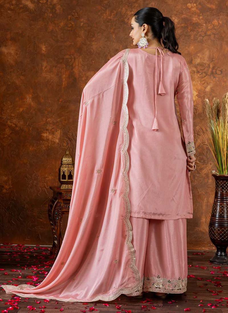 Prazu Fashion Baby Pink Chinon Silk Embroidered Codding Work Palazzo Suit