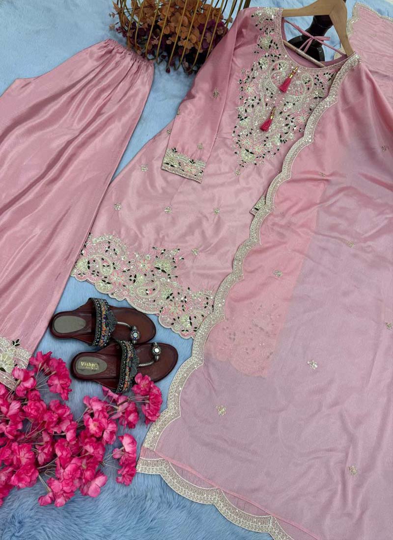 Prazu Fashion Baby Pink Chinon Silk Embroidered Codding Work Palazzo Suit