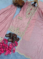 Thumbnail for Prazu Fashion Baby Pink Chinon Silk Embroidered Codding Work Palazzo Suit