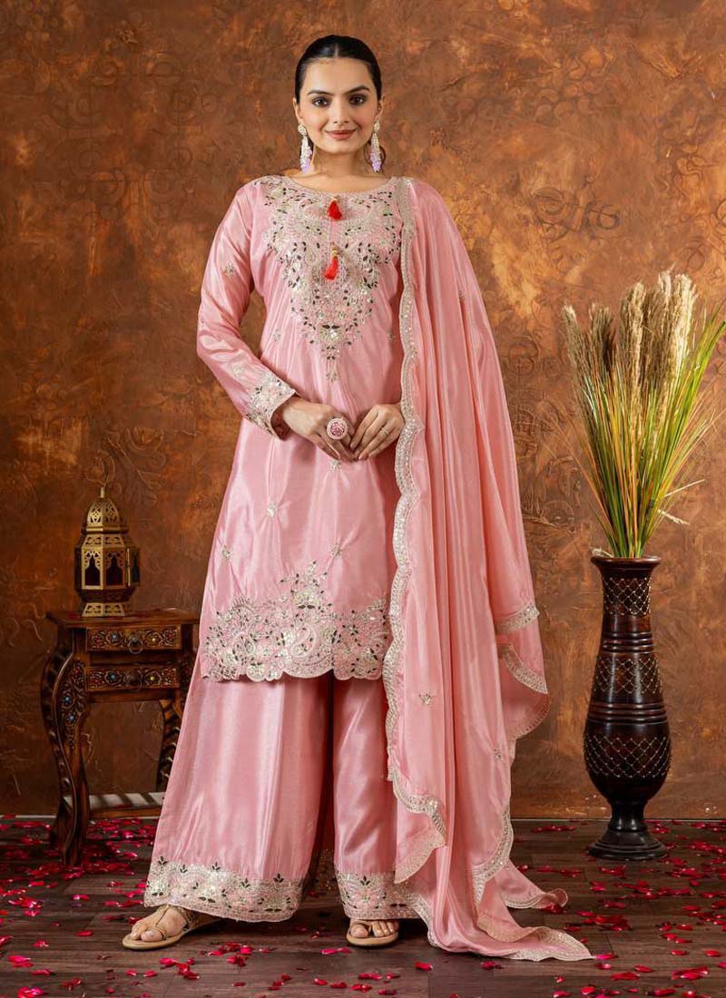 Prazu Fashion Baby Pink Chinon Silk Embroidered Codding Work Palazzo Suit