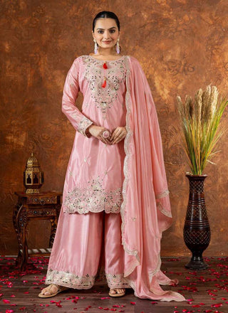 Prazu Fashion Baby Pink Chinon Silk Embroidered Codding Work Palazzo Suit