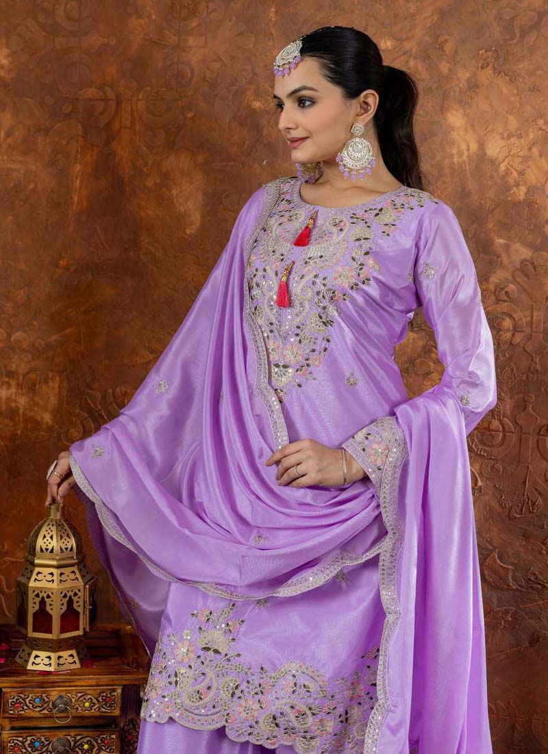Prazu Fashion Lavender Chinon Silk Embroidered Codding Work Plazzo Suit