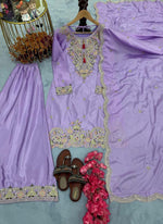 Thumbnail for Prazu Fashion Lavender Chinon Silk Embroidered Codding Work Plazzo Suit
