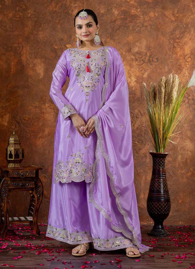 Prazu Fashion Lavender Chinon Silk Embroidered Codding Work Plazzo Suit