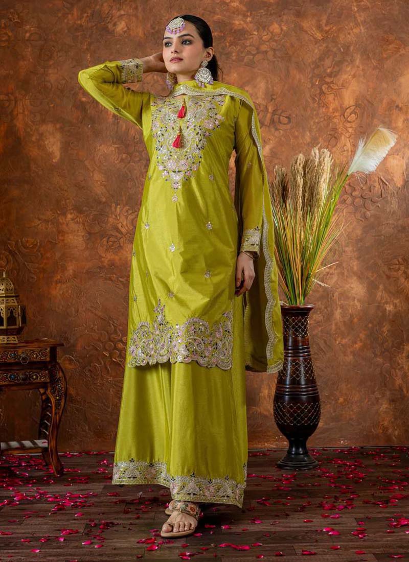 Prazu Fashion Lime Green Chinon Silk Embroidered Codding Work Plazzo Suit
