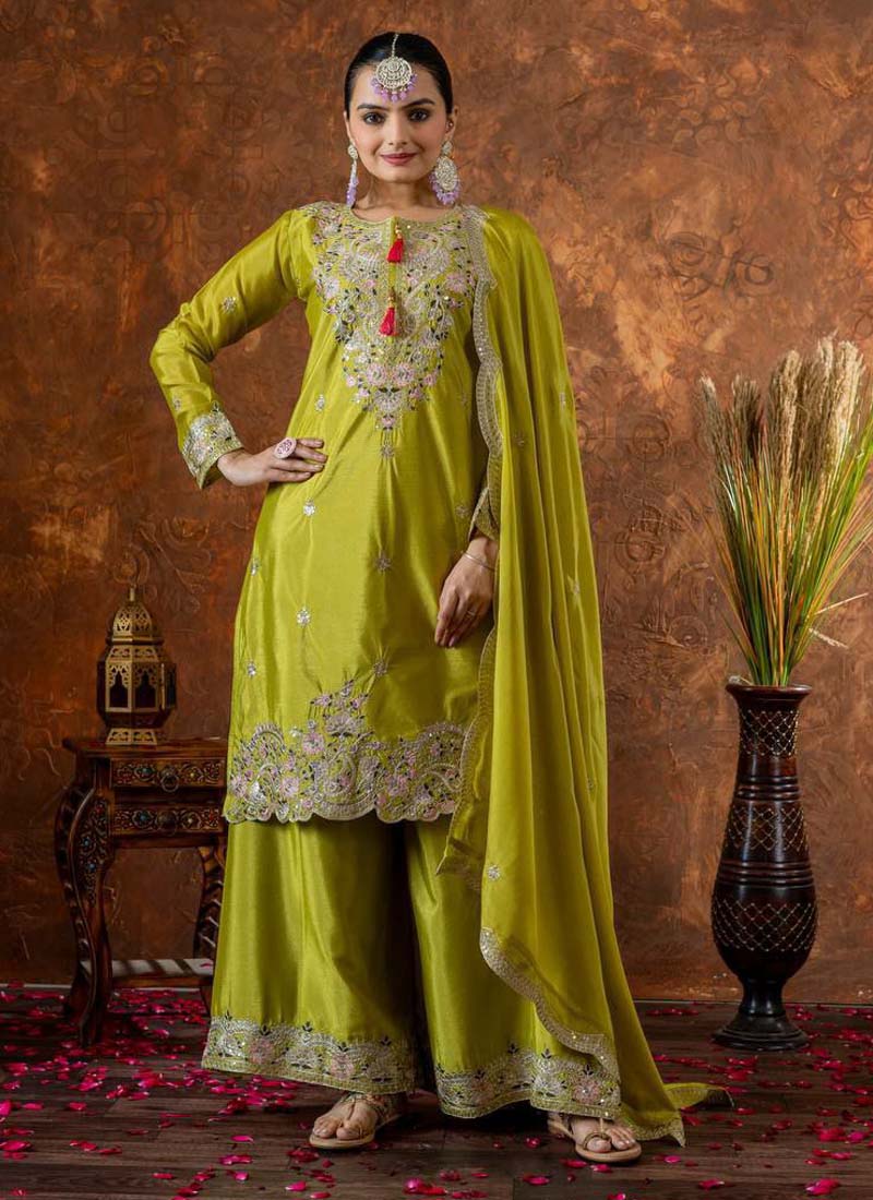 Prazu Fashion Lime Green Chinon Silk Embroidered Codding Work Plazzo Suit