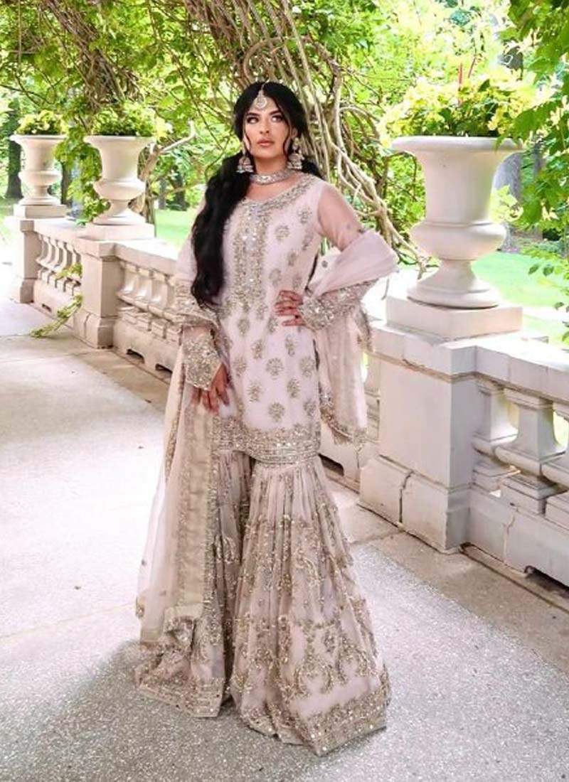 Prazu Fashion Light Peach Faux Georgette Embroidered Sharara Suit