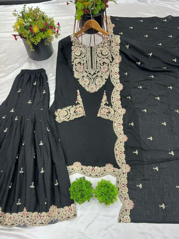 Prazu Fashion Black Chinon Silk Embroidered Plazzo Suit