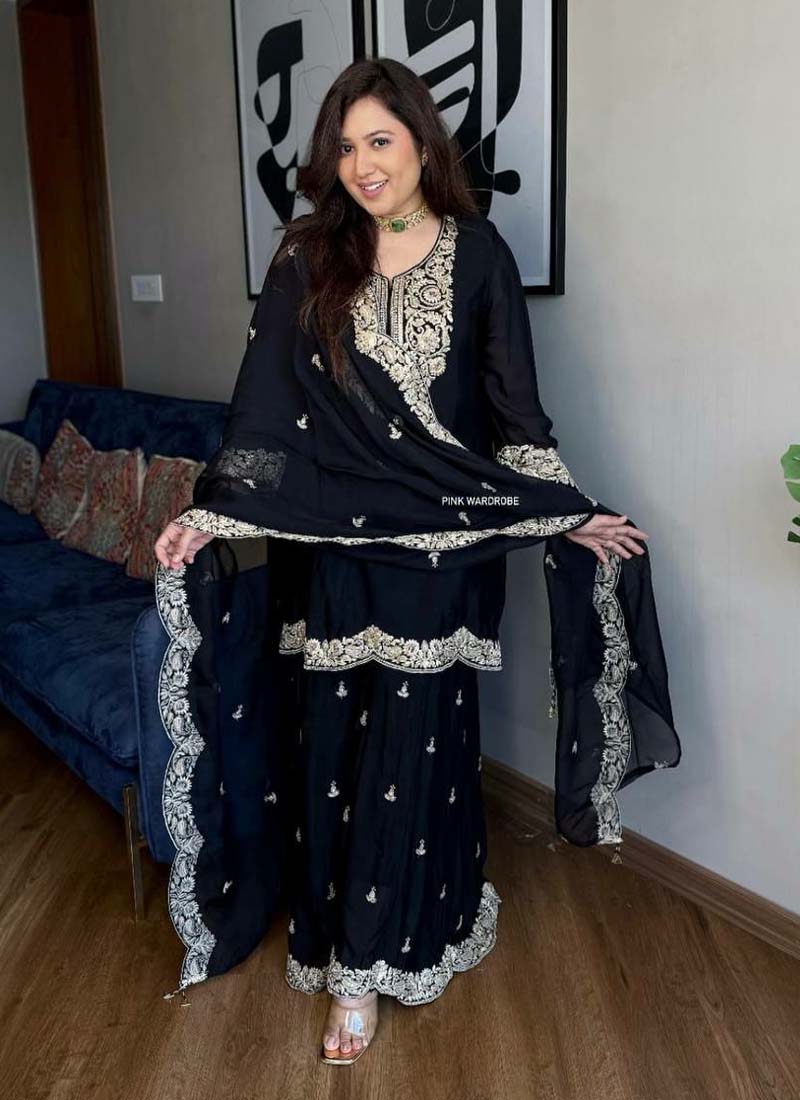 Prazu Fashion Black Chinon Silk Embroidered Plazzo Suit
