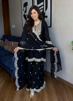 Thumbnail for Prazu Fashion Black Chinon Silk Embroidered Plazzo Suit